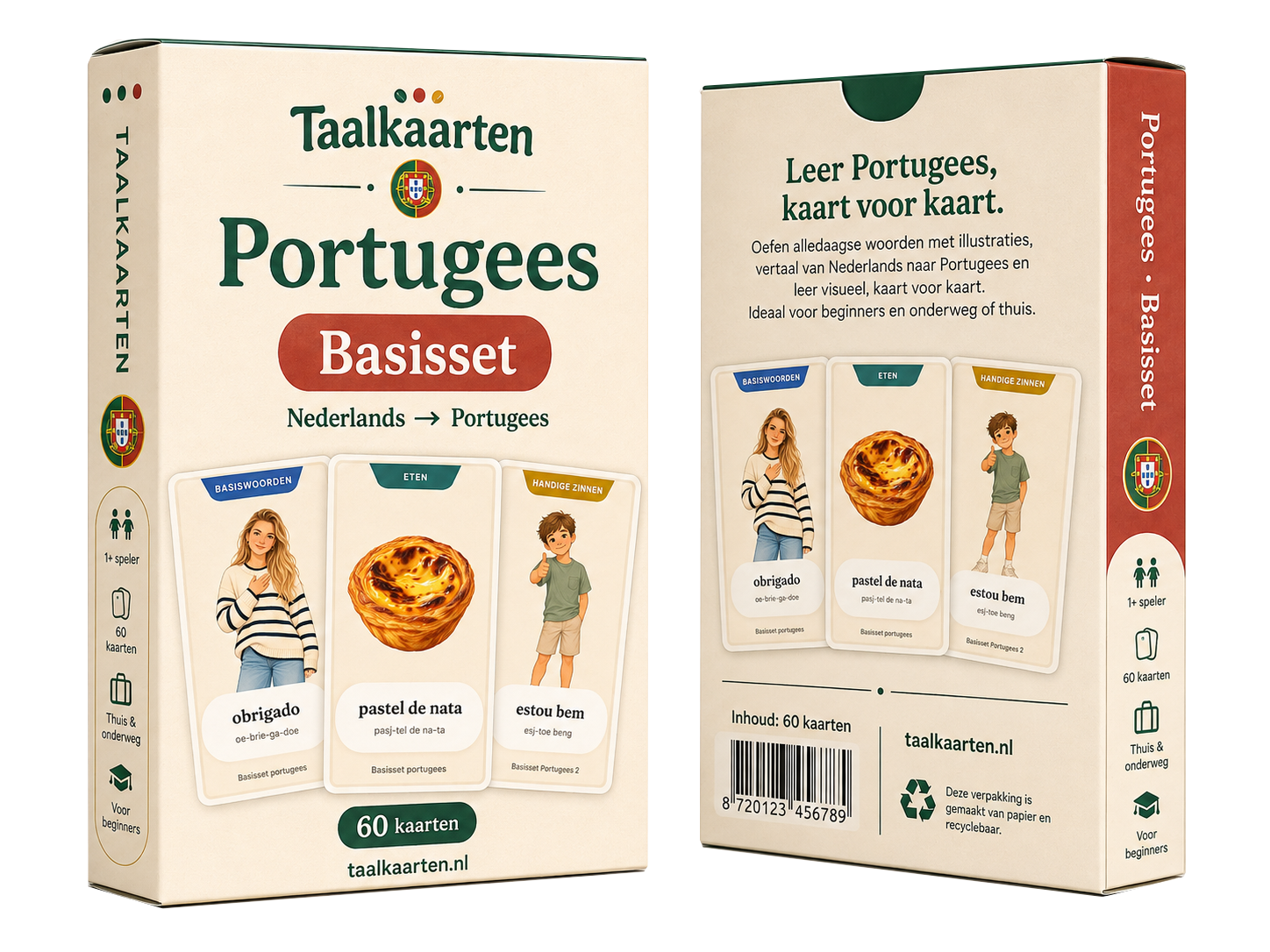 Taalkaarten Portugees Basisset, doos voor- en achterkant, Nederlands naar Portugees